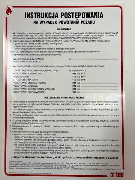 INSTRUKCJA POSTĘPOWANIA W PRZYPADKU POWSTANIA POŻARU 24,5X35