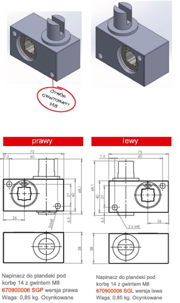 Napinacz plandeki lewy-korba, 40(H)x38(B)x74(L)mm