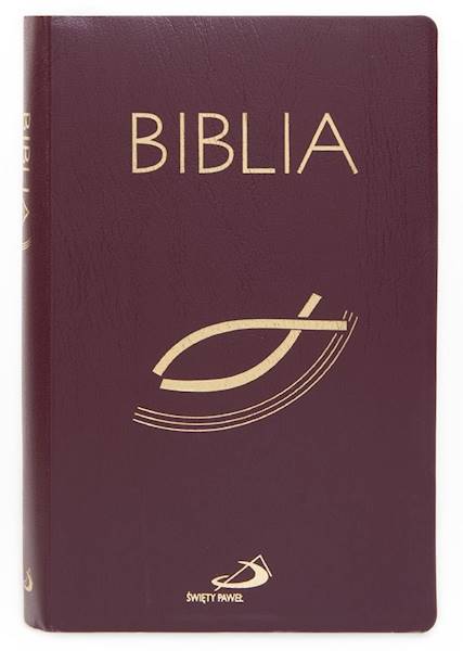 BIBLIA STARY i NOWY TESTAMENT "z rybką". Oprawa balacron, bordowa, z kolorową wkładką