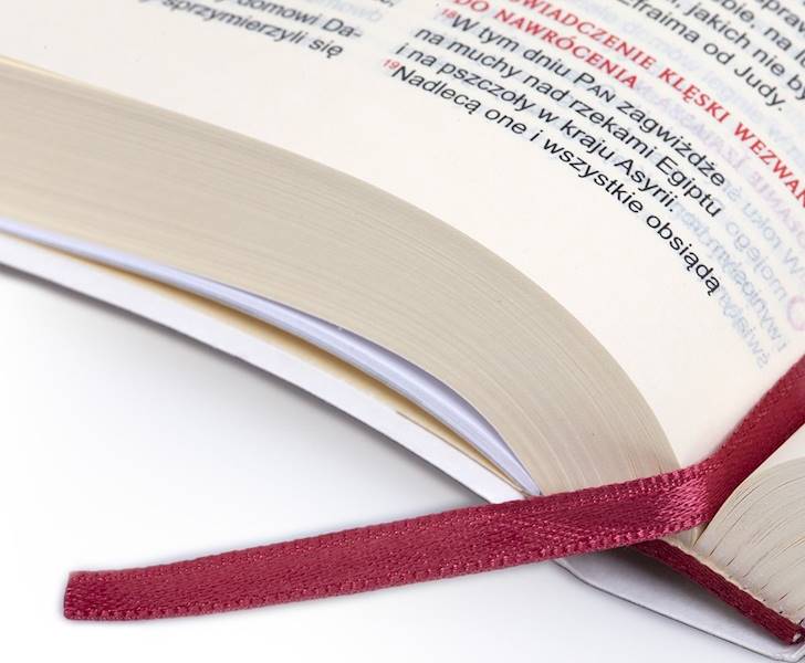 BIBLIA STARY i NOWY TESTAMENT "z rybką". Oprawa balacron, bordowa, z kolorową wkładką