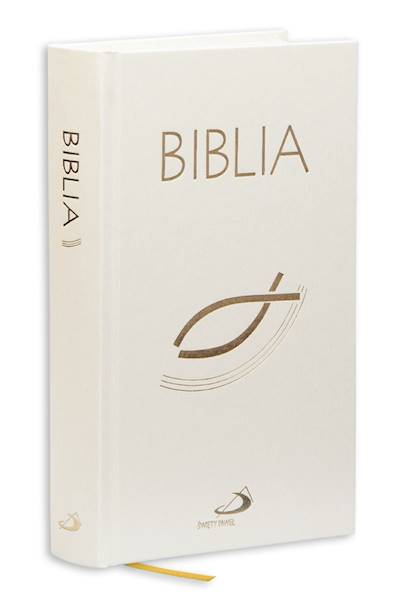 BIBLIA STARY i NOWY TESTAMENT "z rybką". Oprawa twarda, biała, z paginatorami