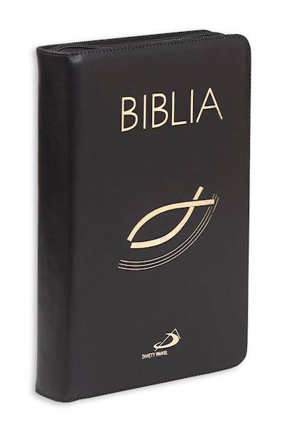 BIBLIA STARY i NOWY TESTAMENT "z rybką". Oprawa czarna z suwakiem, z kolorową wkładką