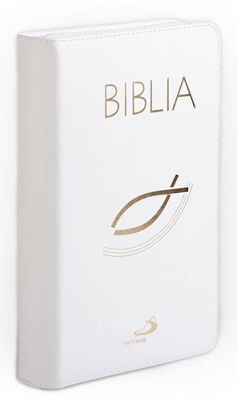 BIBLIA STARY i NOWY TESTAMENT "z rybką". Oprawa biała z suwakiem, z kolorową wkładką
