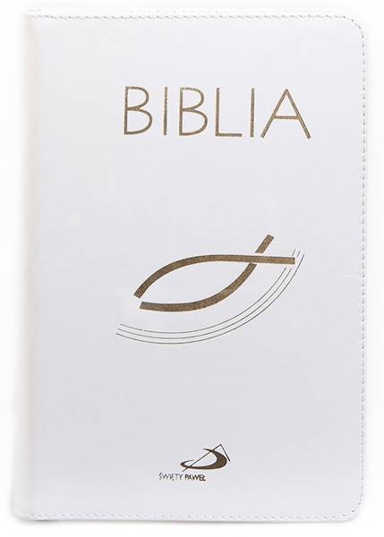 BIBLIA STARY i NOWY TESTAMENT "z rybką". Oprawa biała z suwakiem, z kolorową wkładką