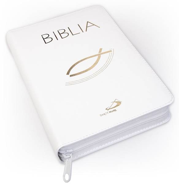 BIBLIA STARY i NOWY TESTAMENT "z rybką". Oprawa biała z suwakiem, z kolorową wkładką