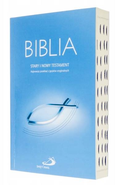 BIBLIA STARY i NOWY TESTAMENT "z rybką". Oprawa miękka, niebieska, z paginatorami