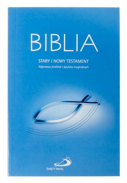 BIBLIA STARY i NOWY TESTAMENT "z rybką". Oprawa miękka, niebieska, z paginatorami