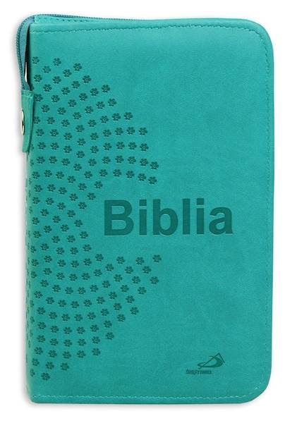 BIBLIA STARY i NOWY TESTAMENT "z rybką". Oprawa turkusowa z suwakiem