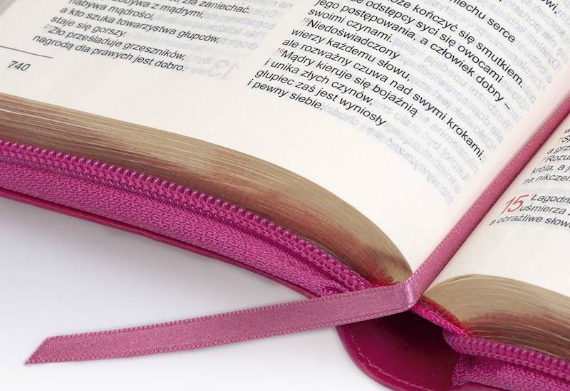 BIBLIA STARY i NOWY TESTAMENT dla kobiet - z suwakiem, złocone brzegi, malinowa