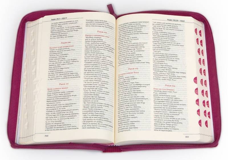 BIBLIA STARY i NOWY TESTAMENT dla kobiet - z suwakiem, paginatory, złocone brzegi, malinowa
