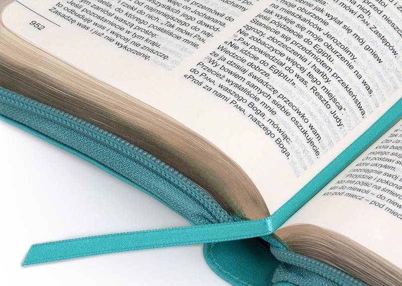 BIBLIA STARY i NOWY TESTAMENT dla kobiet - z suwakiem, złocone brzegi, turkusowa