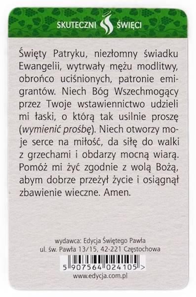 SKUTECZNI ŚWIĘCI: Święty Patryk - obrazek w formie karty