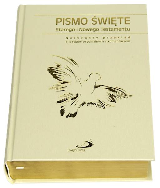 PISMO ŚWIĘTE ST i NT "z gołębicą" - duży format, twarda, biała, złocone brzegi, paginatory
