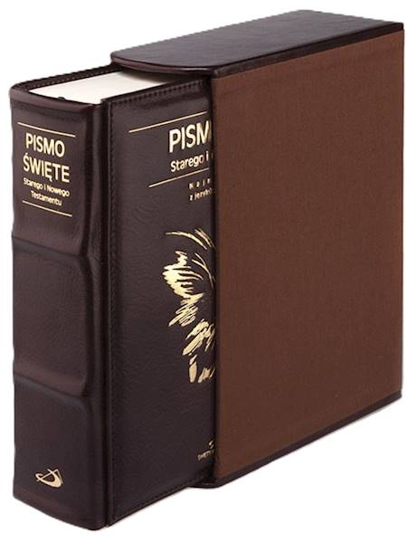 PISMO ŚWIĘTE ST i NT "z gołębicą" - duży format, oprawa twarda - skóra brązowa, etui