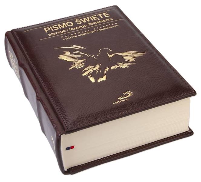 PISMO ŚWIĘTE ST i NT "z gołębicą" - duży format, oprawa twarda - skóra brązowa, etui, paginatory