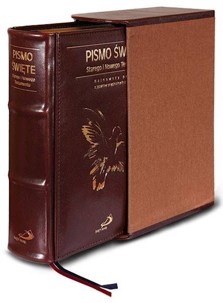 PISMO ŚWIĘTE ST i NT "z gołębicą" - duży format, oprawa twarda - skóra brązowa, etui, paginatory