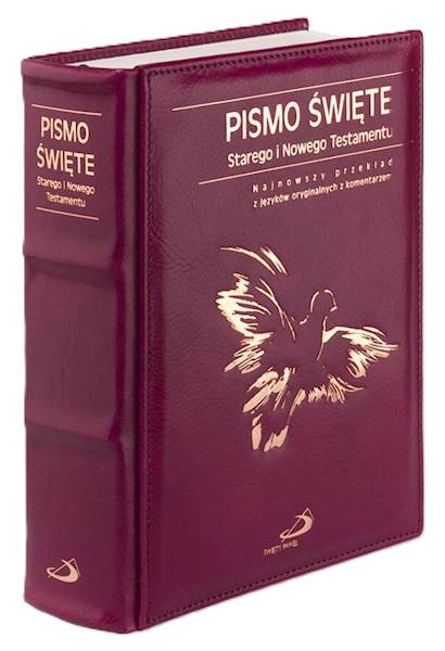 PISMO ŚWIĘTE ST i NT "z gołębicą" - duży format, oprawa twarda - skóra bordowa, etui