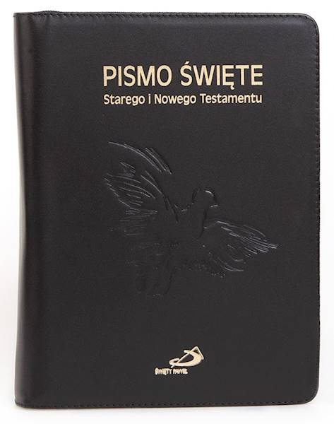 PISMO ŚWIĘTE ST i NT "z gołębicą" - duży format, oprawa twarda z suwakiem - skóra czarna, paginatory
