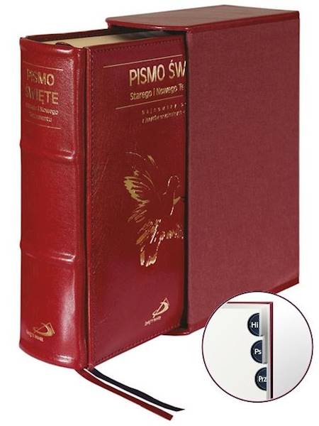 PISMO ŚWIĘTE ST i NT "z gołębicą" - duży format, oprawa twarda - skóra bordowa, etui, paginatory