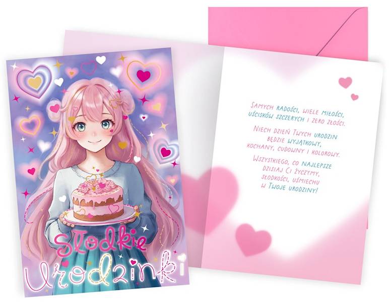 Karnet z kopertą: Urodziny (anime, tort, dziewczęce) PR-558