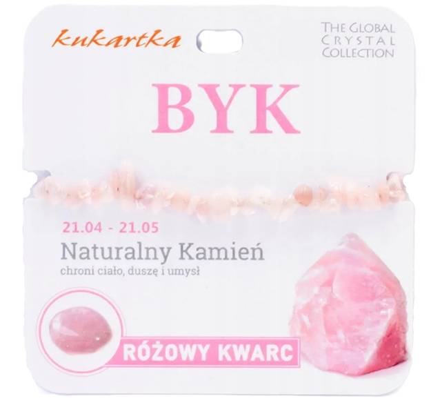 Bransoletka kukartka ZNAK ZODIAKU: BYK (różowy kwarc) - BRA-003