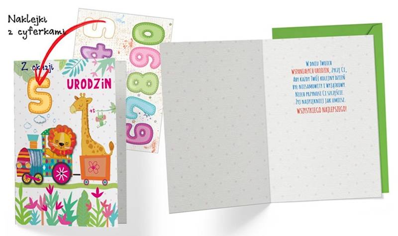 Karnet z kopertą: Urodziny dziecięce (wymienne cyferki, lew) DK-711