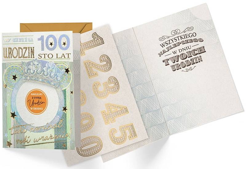 Karnet z kopertą: Urodziny (wymienne cyfry, banknot 100) DK-1305
