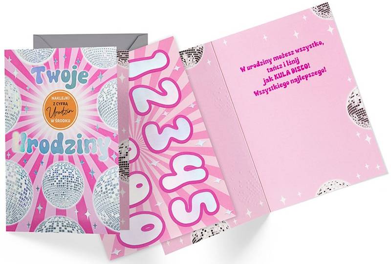 Karnet z kopertą: Urodziny damskie (wymienne cyfry, kule disco) DK-1306
