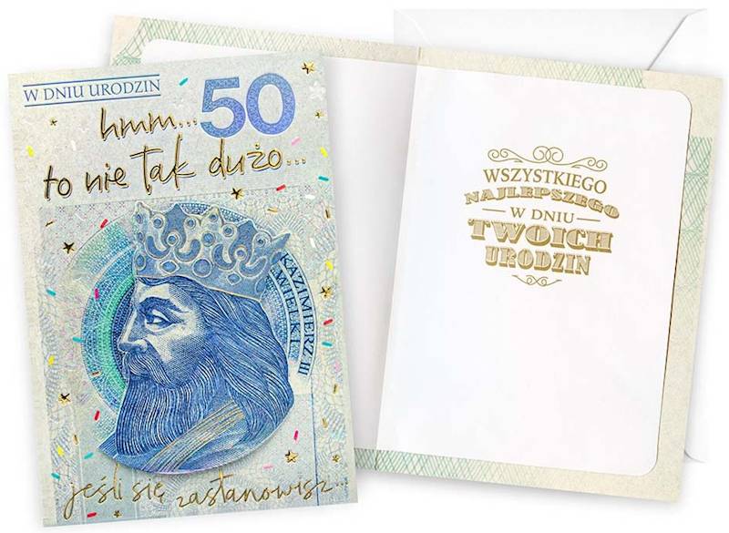 Karnet z kopertą: Urodziny 50 (wymienne cyfry, banknot 50) DK-1310