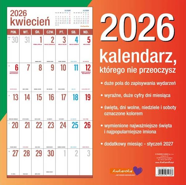 Kalendarz 2026 ŚCIENNY (kukartka) - WIELKIE LITERY