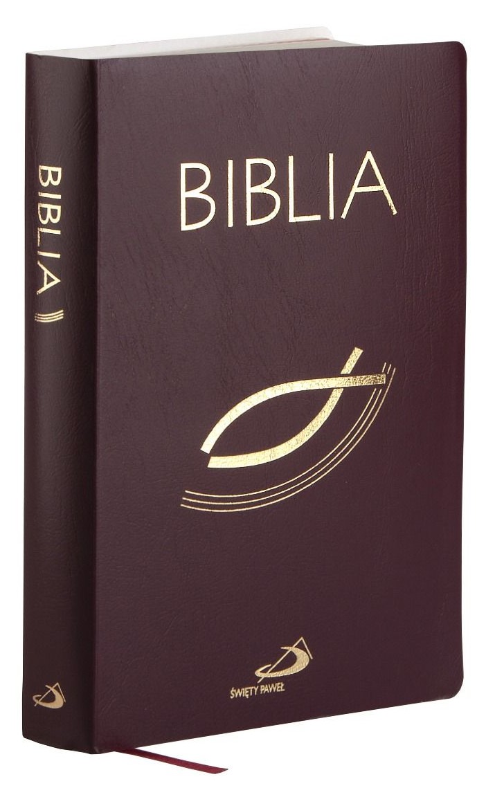 BIBLIA STARY i NOWY TESTAMENT "z rybką". Oprawa balacron, bordowa, z kolorową wkładką