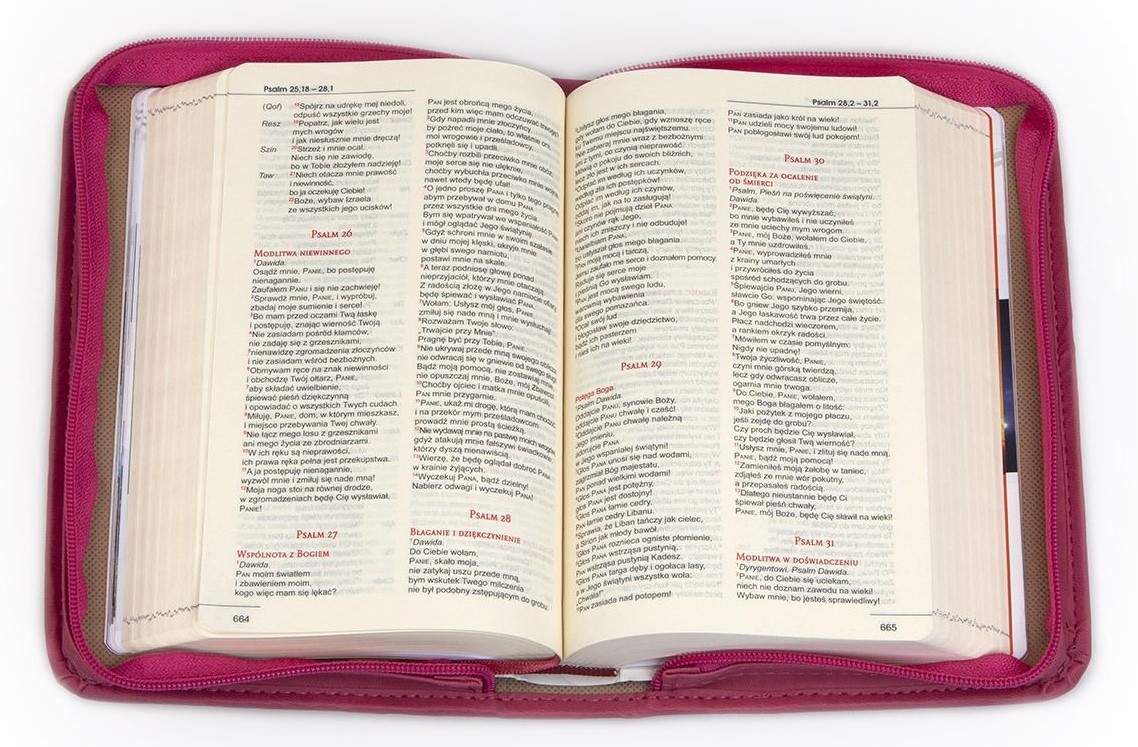 BIBLIA STARY i NOWY TESTAMENT "z rybką". Oprawa różowa z suwakiem