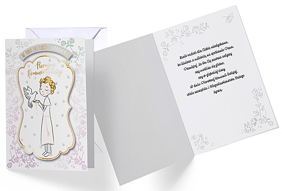 Karnet z kopertą: PAMIĄTKA Pierwsza KOMUNIA ŚWIĘTA DK-725 (chłopiec)