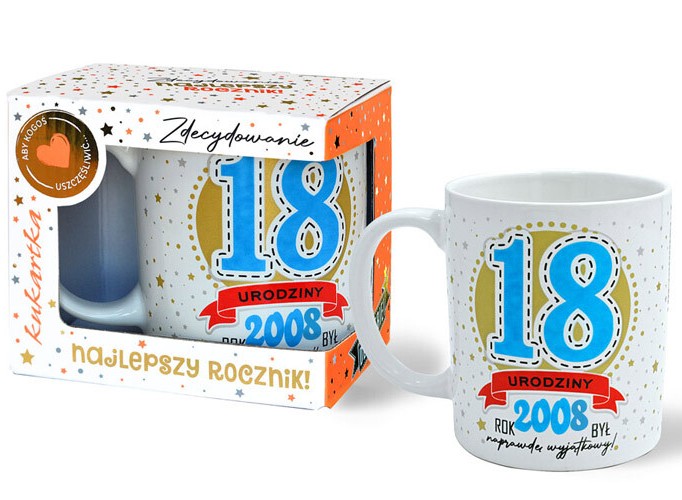 Kubek Premium kukartka Urodziny 18 (niebieska, cyfry, roczniki) Q-1070