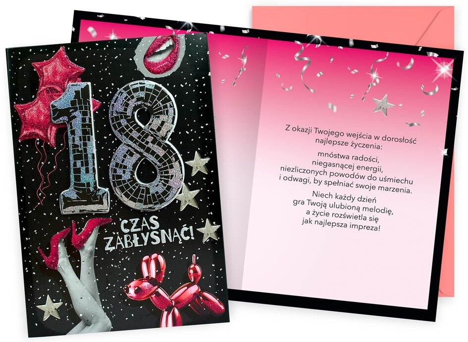 Karnet z kopertą Dream Cards: Urodziny 18 (cyfry, osiemnastka, damskie, szpilki) DK-1375