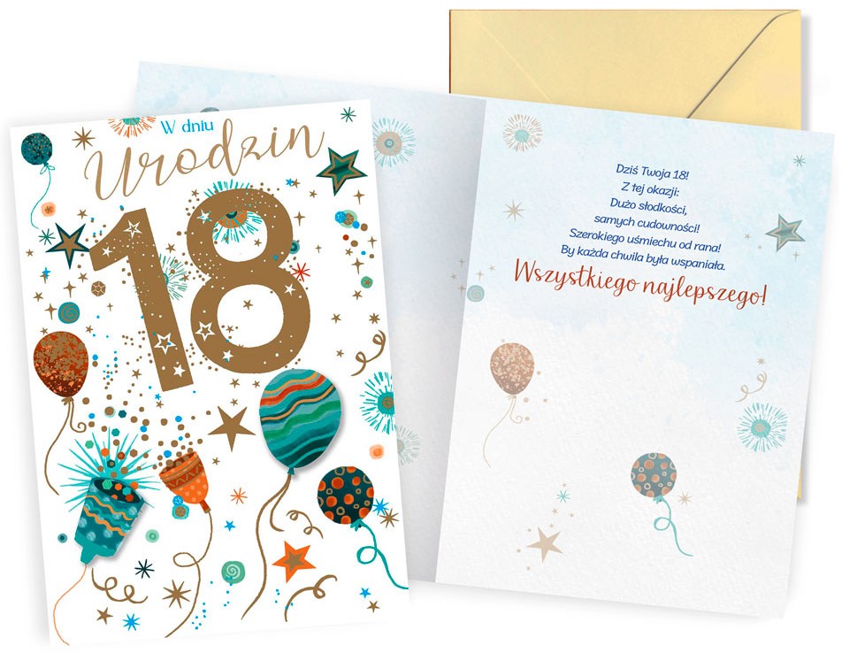 Karnet z kopertą Dream Cards: Urodziny 18 (osiemnastka, balony, cyfry) DK-1393