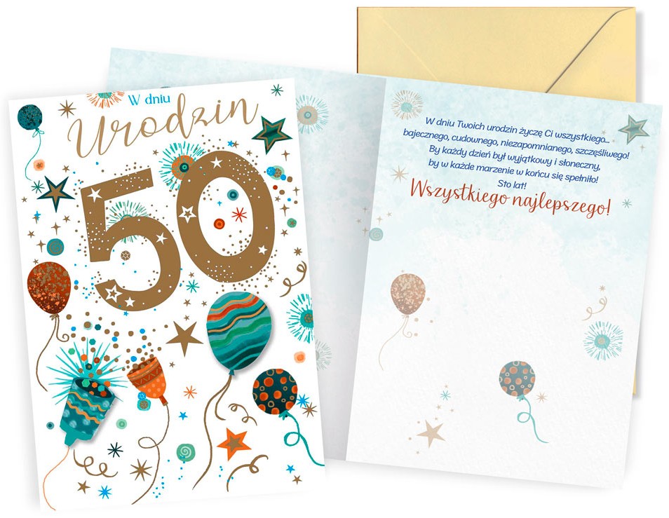 Karnet z kopertą Dream Cards: Urodziny 50 (balony, cyfry) DK-1396