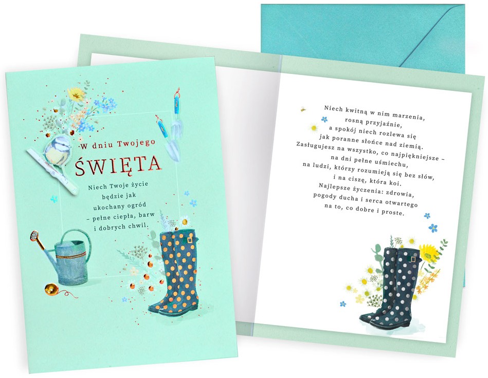 Karnet Dream Cards: "W dniu Twojego Święta..." (konewka, kalosze) DK-1379