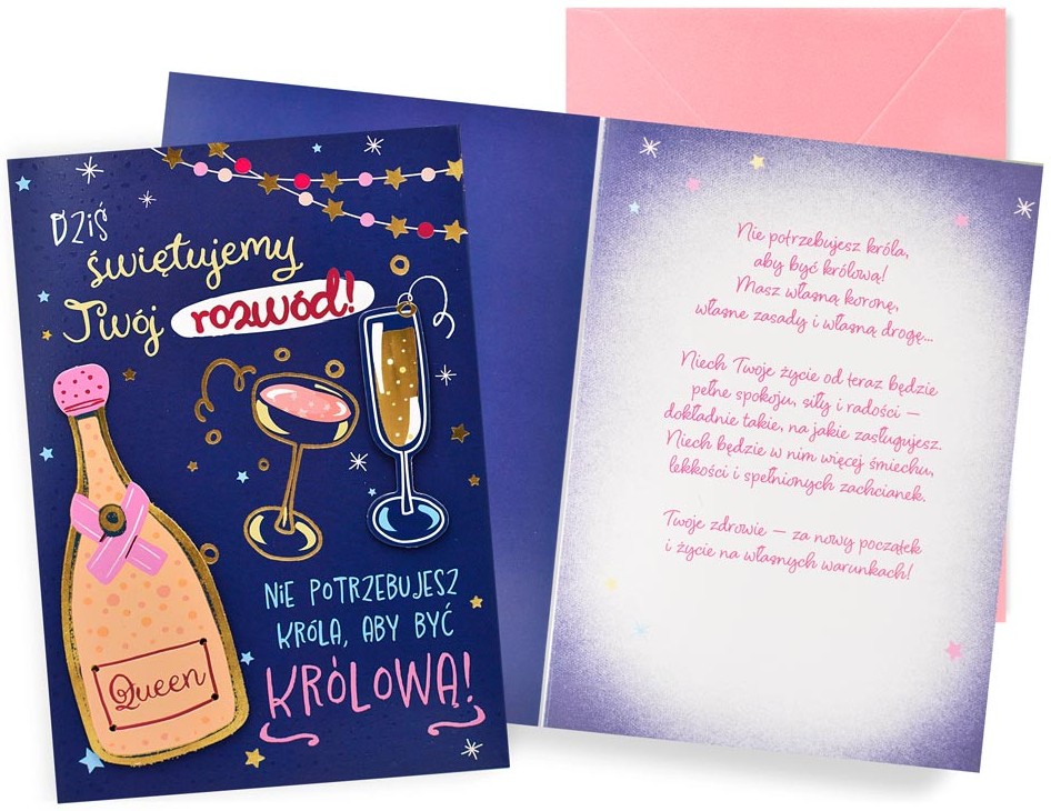 Karnet Dream Cards z kopertą: "Dziś świętujemy Twój rozwód" DK-1451