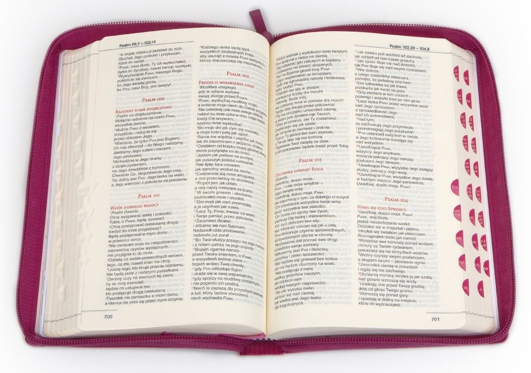 BIBLIA STARY i NOWY TESTAMENT dla kobiet - z suwakiem, paginatory, złocone brzegi, malinowa
