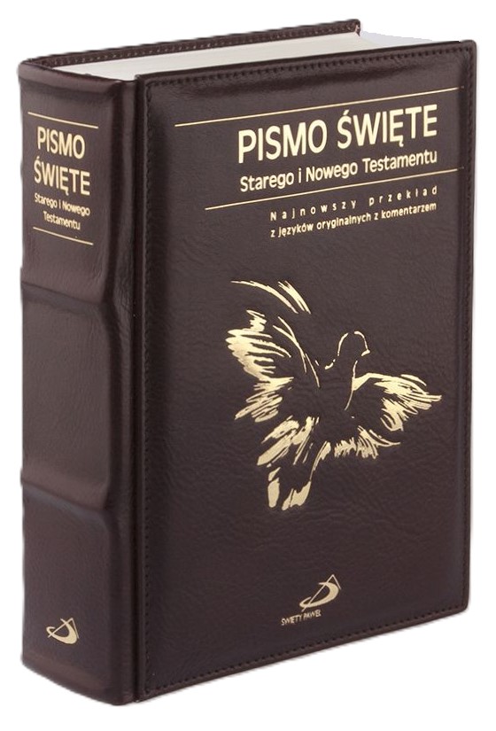 PISMO ŚWIĘTE ST i NT "z gołębicą" - duży format, oprawa twarda - skóra brązowa, etui, paginatory