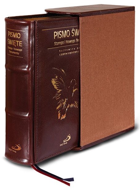PISMO ŚWIĘTE ST i NT "z gołębicą" - duży format, oprawa twarda - skóra brązowa, etui, paginatory