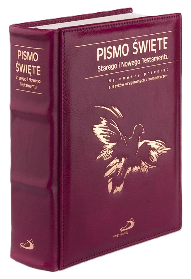 PISMO ŚWIĘTE ST i NT "z gołębicą" - duży format, oprawa twarda - skóra bordowa, etui, paginatory