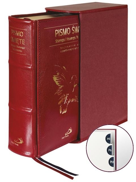 PISMO ŚWIĘTE ST i NT "z gołębicą" - duży format, oprawa twarda - skóra bordowa, etui, paginatory
