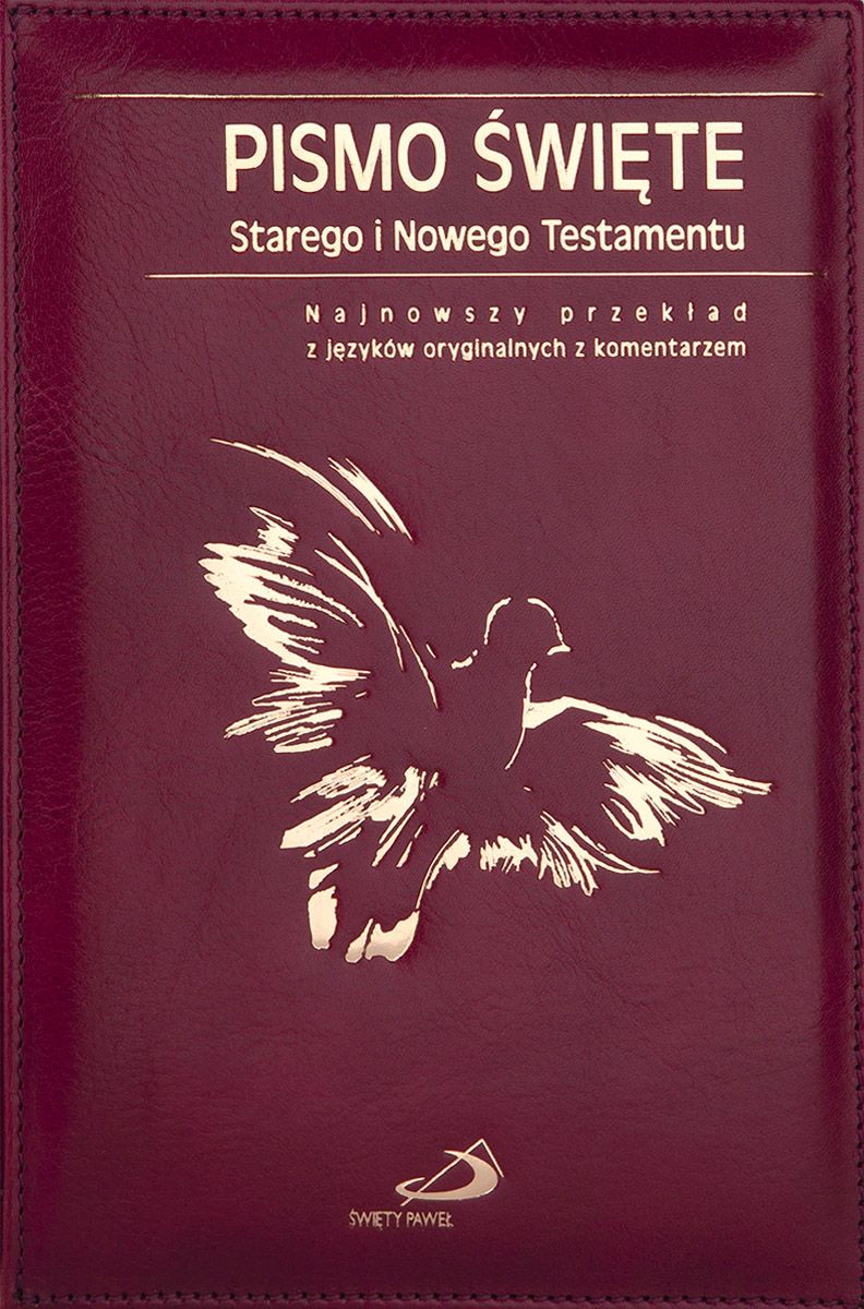 PISMO ŚWIĘTE ST i NT "z gołębicą" - duży format, oprawa twarda - skóra bordowa, etui, paginatory