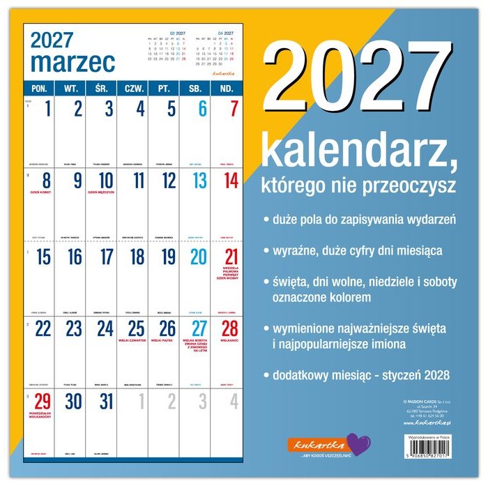 Kalendarz 2027 kukartka ŚCIENNY - WIELKIE LITERY (30x60 cm)