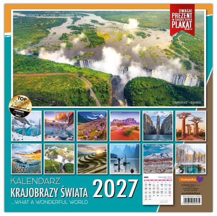 Kalendarz 2027 kukartka ŚCIENNY - KRAJOBRAZY ŚWIATA (30x60 cm)