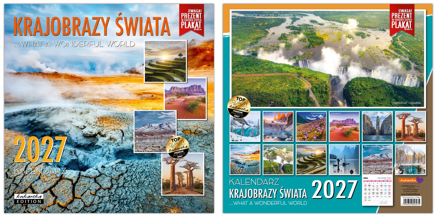 Kalendarz 2027 kukartka ŚCIENNY - KRAJOBRAZY ŚWIATA (30x60 cm)