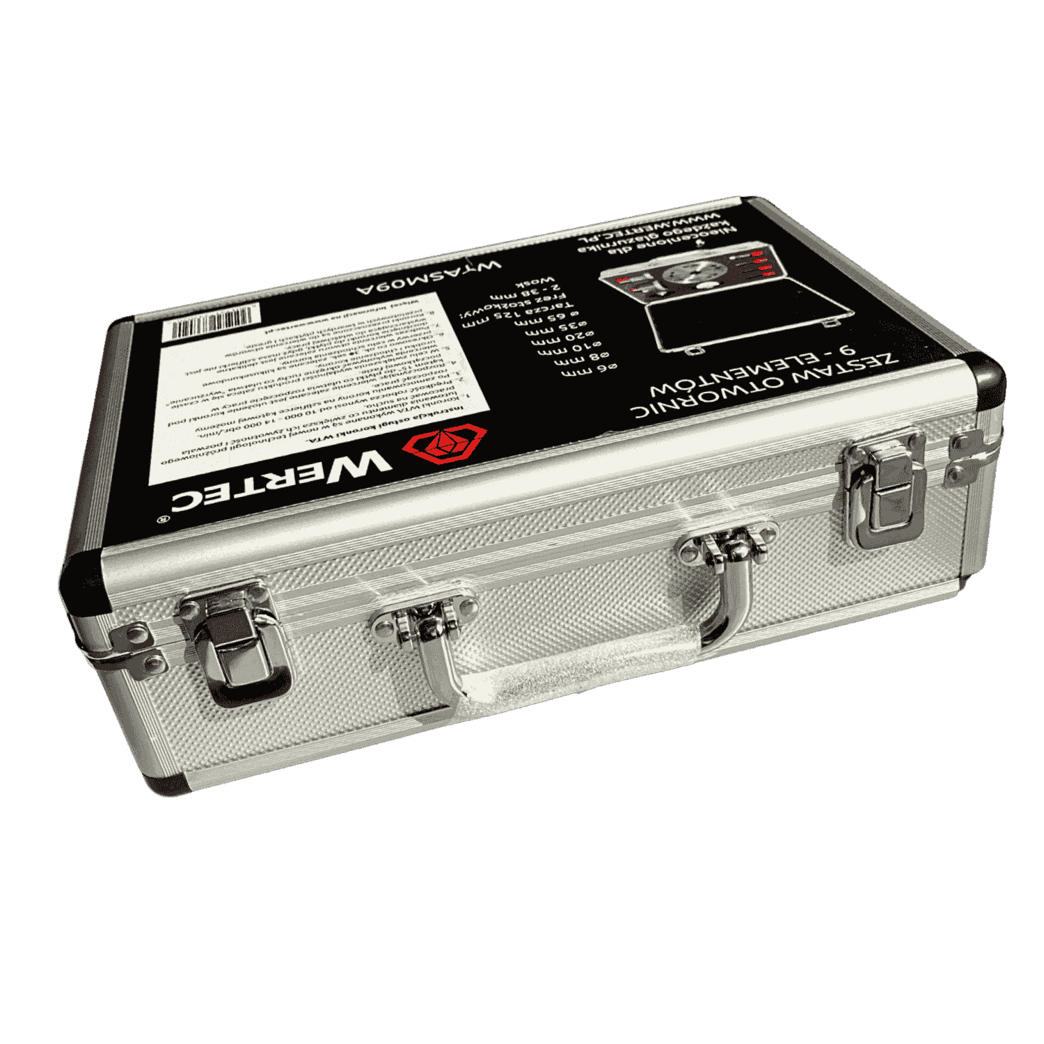 Zestaw otwornic diamentowych 9- elemntów 6, 8, 10, 20, 35, 65, tarcza 125mm, frez 2-38, wosk WERTEC - WTASM09A