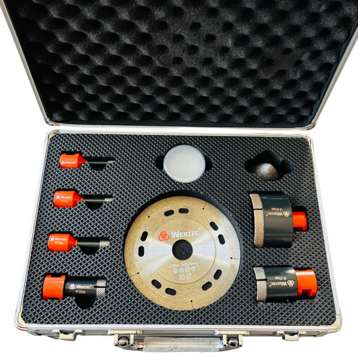 Zestaw otwornic diamentowych 9- elemntów 6, 8, 10, 20, 35, 65, tarcza 125mm, frez 2-38, wosk WERTEC - WTASM09A